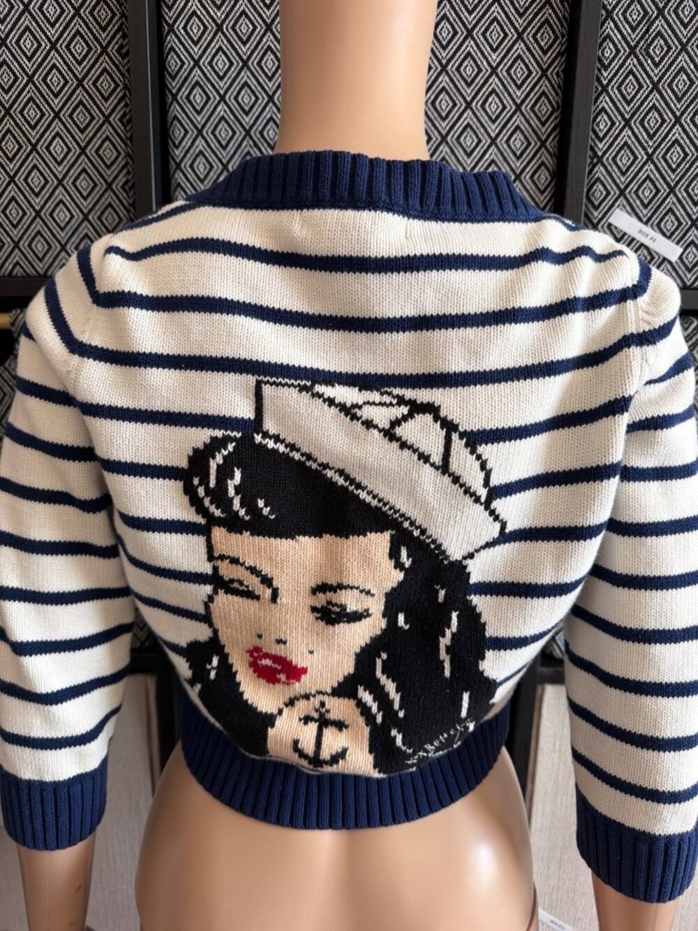 Betsey Johnson 2011 Sailor Girl Intarsia Nautical Cardigan Sweater Sz M w/FLAW
